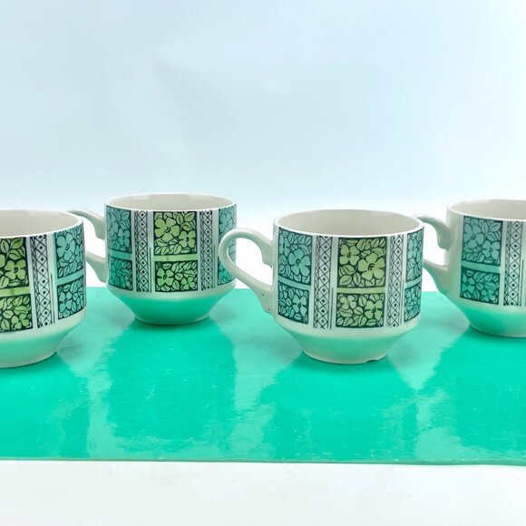 Vintage 60s Broadhurst England mugs, cream teal green, Corinth pattern, set of 4 - Picture 3 of 9